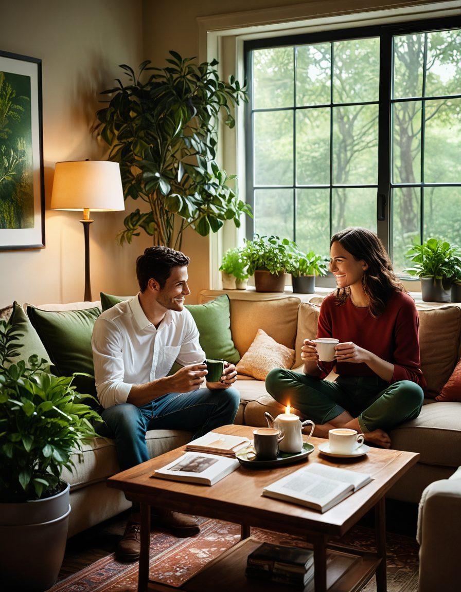 A serene and cozy living room scene featuring a happy couple engaged in deep conversation over coffee, surrounded by plants and soft lighting. Include elements that symbolize partnership like intertwined hands or a shared book. The atmosphere should evoke warmth and intimacy, suggesting a fulfilling relationship. super-realistic. warm colors. inviting ambiance.