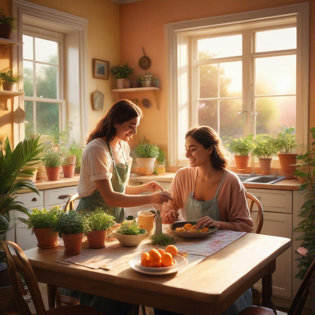 A couple joyfully engaging in various daily activities like cooking, gardening, and laughing together, surrounded by a warm and inviting home. Artwork should convey love, harmony, and companionship, with soft pastel colors and cozy elements such as plants, books, and a shared meal. The background features a sunset view, symbolizing the journey of marriage. super-realistic. warm colors. soft focus.